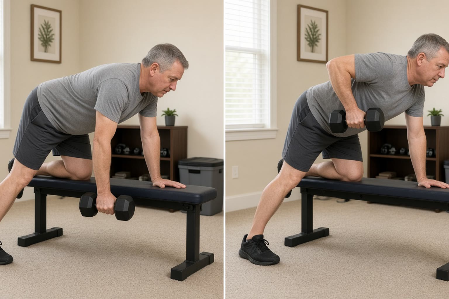 A person rows a dumbbell while supported on a bench, shown at the start with the arm long and at the finish with the elbow drawn back.